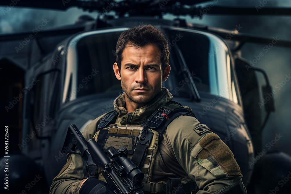 Generated with ai image of male brave soldier wearing camouflage during a military operation fighting for freedom Generated with ai image of male brave soldier wearing camouflage during a military operation fighting for freedom