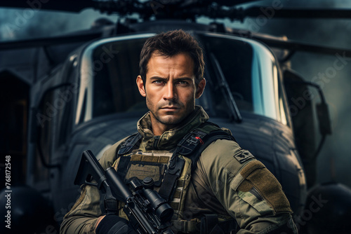 Generated with ai image of male brave soldier wearing camouflage during a military operation fighting for freedom