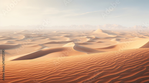 A high-altitude view of an expansive desert landscape, with sand dunes creating intricate patterns under the midday sun background Ai Generative © SK