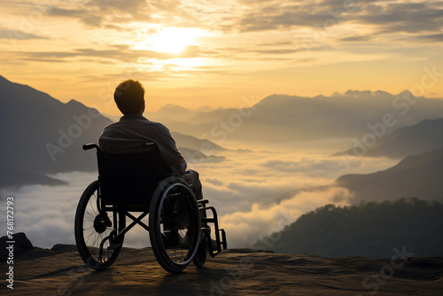 Image of wheelchair user appreciating beautiful landscape adventure and exploration regardless of disability generative AI