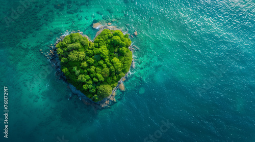 Heart shape small island on tropical waters, clean, blue shallow ocean with coral reef, aerial view