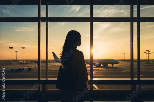 AI generated picture of young tourist in airport waiting for plane registration check in flight abroad