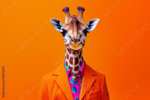 giraffe in an orange shirt, in the style of bold fashion photography