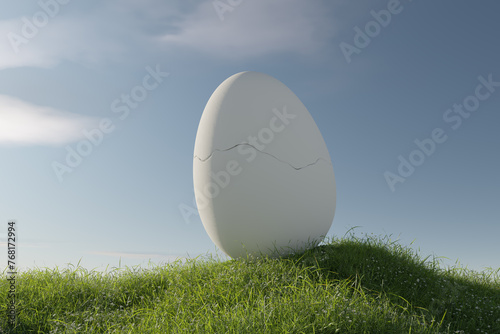 large cracked egg on flower meadow in front of a blue sky. Happy easter concept. 3D Rendering