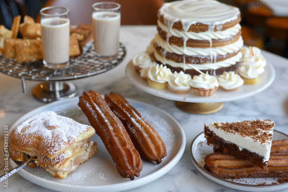 A table with a variety of desserts including churros, strawberries, and cakes. The desserts are arranged on plates and a cake is placed on a wooden table. Scene is inviting and delicious