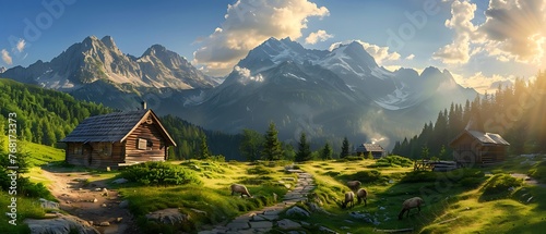 Tatra Mountains, old log cabin in foreground, sun shining through clouds, green grass and pine trees, stone path leading to wooden hut, beautiful landscape. with mountain goats & dramatic sky photo