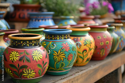 A row of colorful painted pots sit on a wooden table. The pots are of various sizes and colors, with some featuring flowers and other designs. Concept of creativity and artistic expression