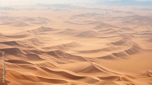A high-altitude view of an expansive desert landscape  with sand dunes creating intricate patterns under the midday sun background Ai Generative