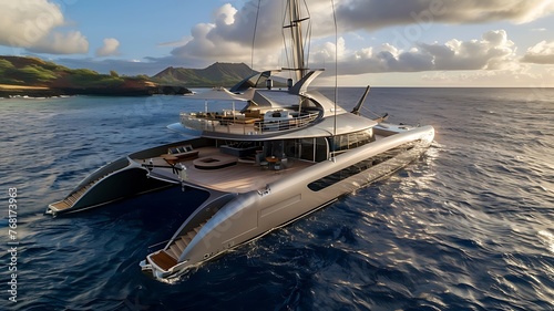 Magnificent grey metallic luxury yacht sailing near an island. Unveiling vastness & distinctive design. Oceanic opulence & leisure unleashed. Exquisite maritime majesty