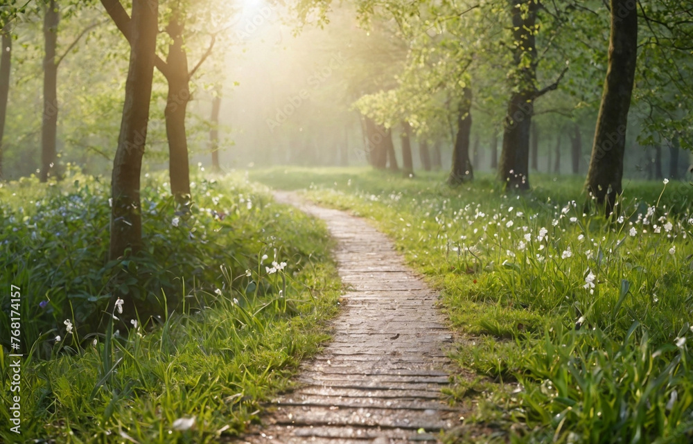 Spring Season Nature in the path, dew morning, low angle , luxury design. trendy. high quality photo