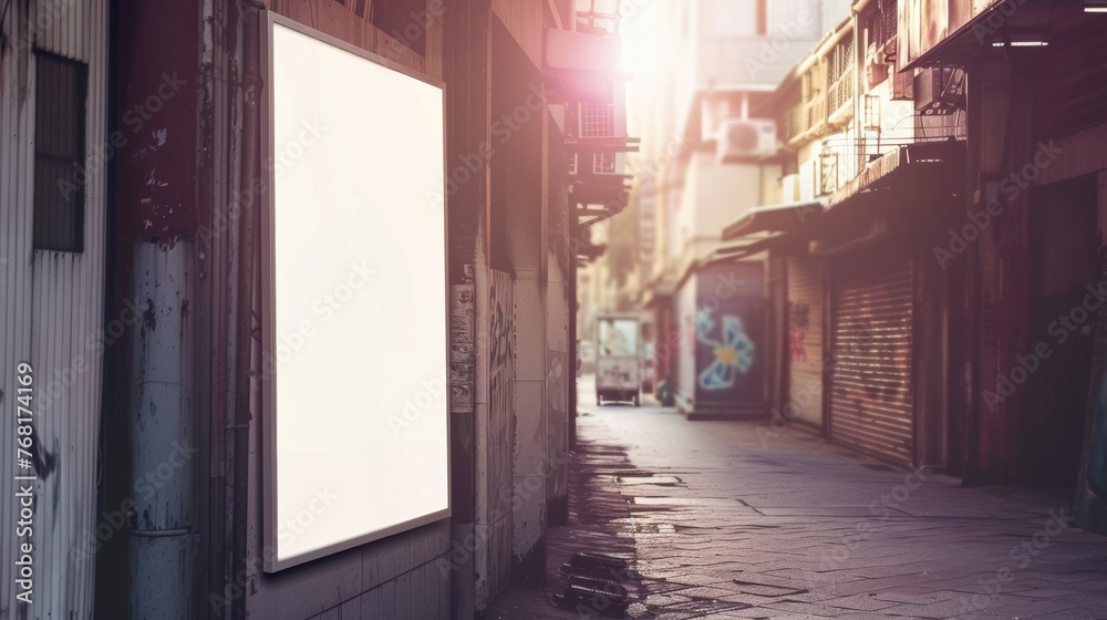 Blank white mockup of bus stop vertical billboard in front of empty street background
