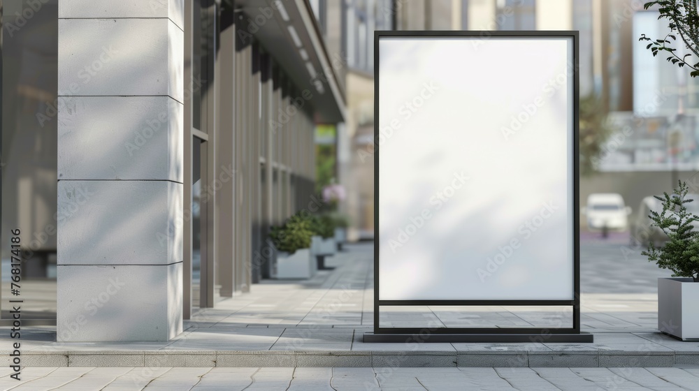 Blank white mockup of bus stop vertical billboard in front of empty street background
Blank white mockup of bus stop vertical billboard in front of empty street background