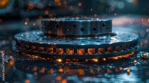 Cinematic photography of a car's brake rotor, its ventilated design optimized for heat dissipation, photo