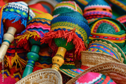 A colorful assortment of Mexican hats and maracas. The hats are of various colors and patterns, and the maracas are also colorful and have different designs. Concept of vibrancy and cultural diversity