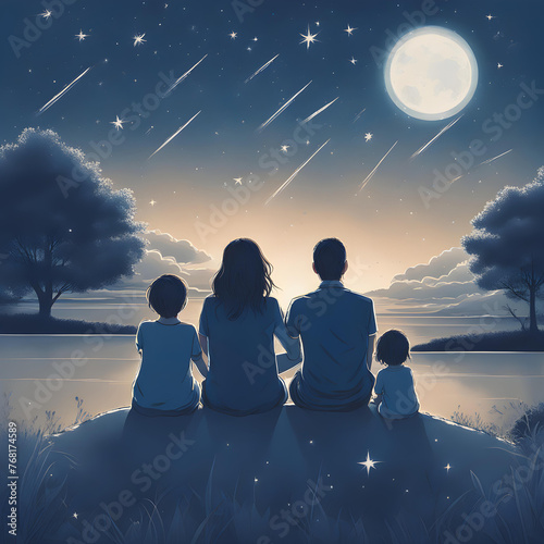 Família sentada observando o céu com a lua e estrelas cadentes