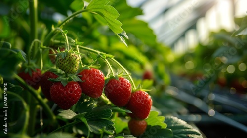 Fresh Strawberries Growing in Greenhouse