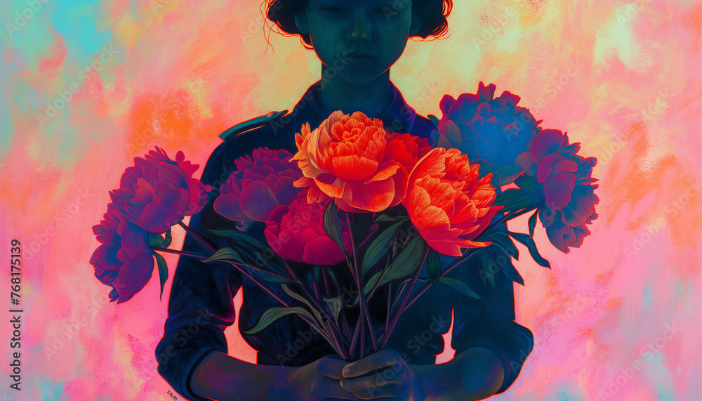 Stylish Woman with Neon Peonies in Surreal Art Portrait - obrazy, fototapety, plakaty 