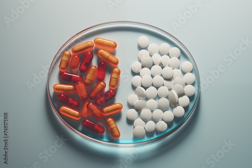 Several medications on a grey background. Several tablets, pills, on grey background. AIDS treatment. Treatment for an illness. Psychiatry. Infectious diseases.
