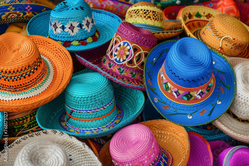 A collection of colorful hats with different patterns and designs. The hats are arranged in a row, with some hats being more prominent than others. Scene is vibrant and lively