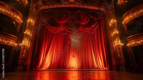 Stage With Red Curtain and Lights