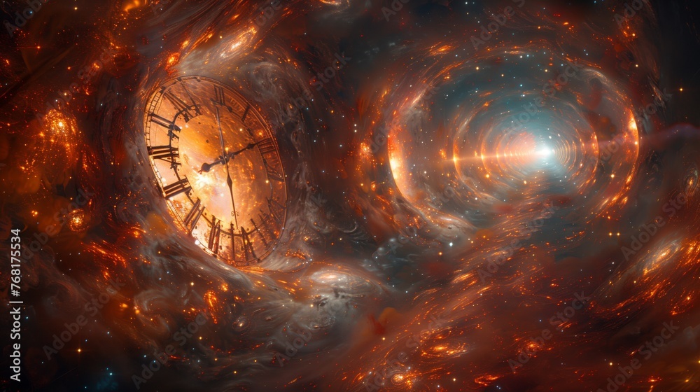 Clock Centered in Spiral Galaxy - obrazy, fototapety, plakaty 