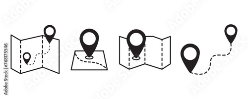 Map and location symbols set. Mapping icon collection. Geolocation map path distance. GPS cartography position. Pinpoint, map search, route, navigator