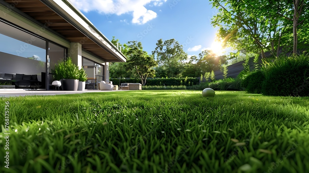A grass field in the backyard of a house. Generative AI