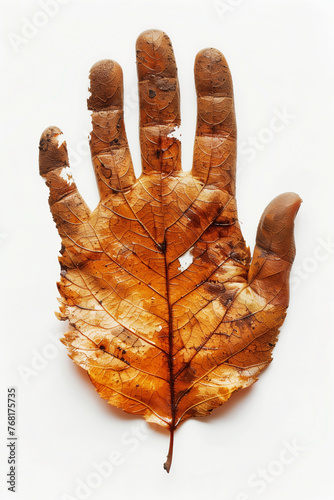 Top view photography of a hand print with leaf texture on white background. Having a hand in saving nature concept.