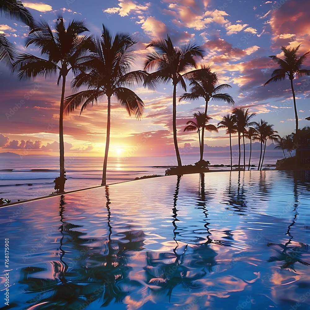 Beautiful resort swimming pool overlooking the ocean, palm trees and beach during stunning scenery sunrising moment.