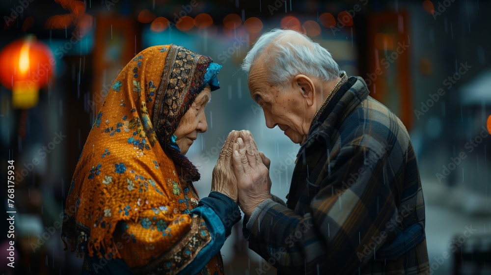 Elderly Couple Standing in Rain