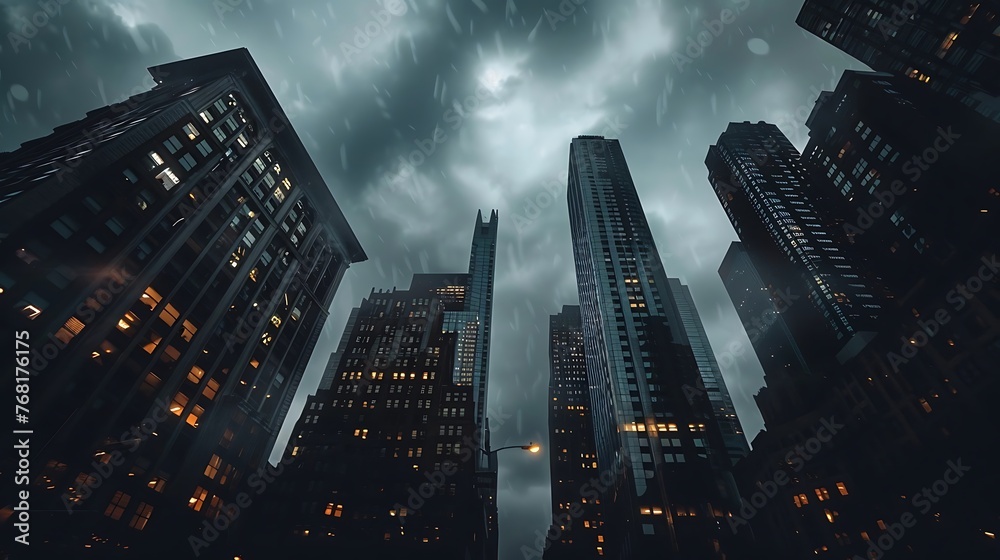Dark cityscape with tall buildings towering into the scenery cloudy sky