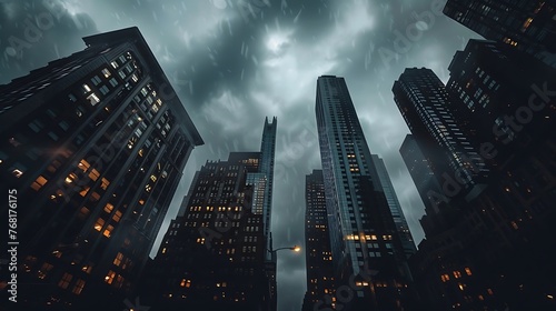 Dark cityscape with tall buildings towering into the scenery cloudy sky