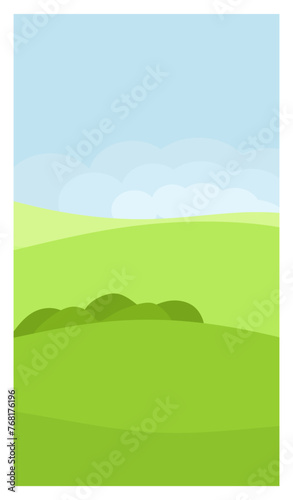 Vertical landscape with green fields or grass  hills  blue sky and clouds. Natural summer landscape for social media stories  posters  postcard  flyers. Environmental background. Vector illustration