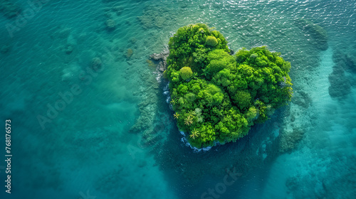 Aerial view of a small heart shape island on tropical sea, shallow blue waters