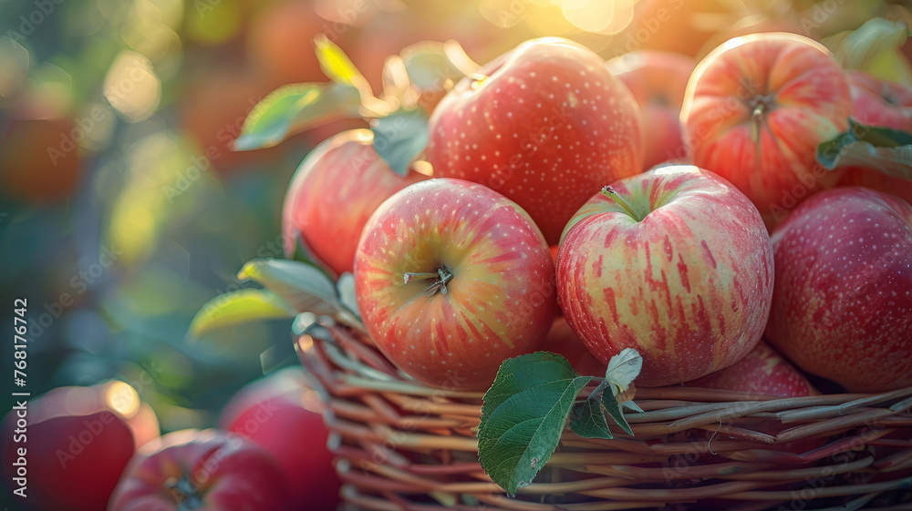 Basket of red apples in sunlight. Basket of red apples in sunlight.