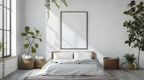 Poster frame mockup in bright bedroom interior background with rattan wooden furniture, 3d render, 3d render of a minimalistic classic style bedroom, decorative 
