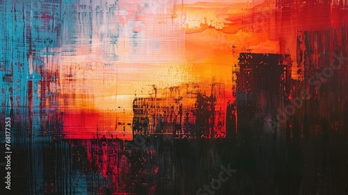 Abstract painting of a cityscape at sunset. Colorful background. #768177353