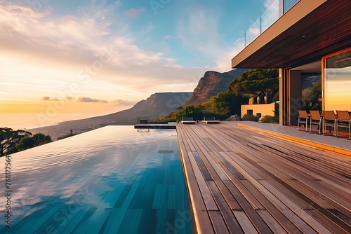 Modern luxury house with a wooden deck and swimming pool overlooking the ocean in Cape Town, during sunset time in golden hour. photo