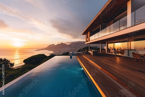 Modern luxury house with a wooden deck and swimming pool overlooking the ocean in Cape Town, during sunset time in golden hour. © Copper