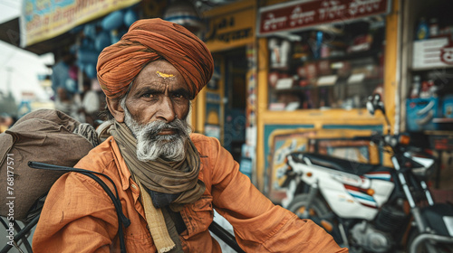 Retrato de persona india con barba y turbante como tradición. Hombre indio sentado en la calle. photo