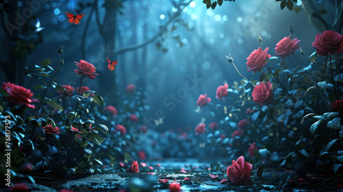 Fantasy fairytale forest with roses and butterflys background, magical forest wallaper 