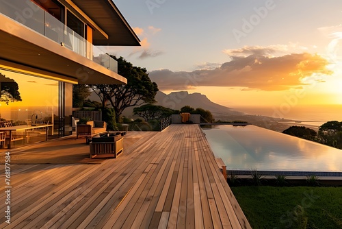 Modern luxury house with a wooden deck and swimming pool overlooking the ocean in Cape Town, during sunset time in golden hour. photo