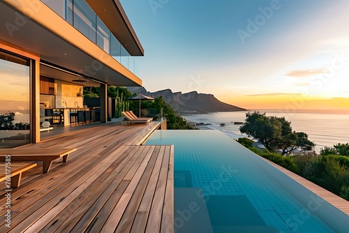 Modern luxury house with a wooden deck and swimming pool overlooking the ocean in Cape Town, during sunset time in golden hour. photo