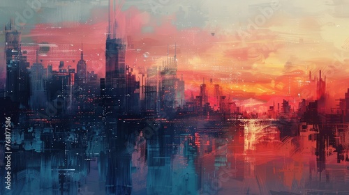 Abstract painting of a cityscape at sunset. Colorful background. #768177586