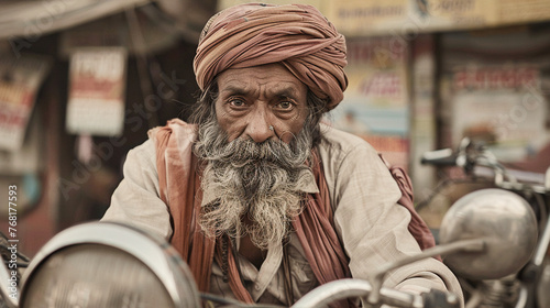Retrato de hombre Indio con barba y turbante sentando en la calle en india. Persona mayor en india con barba representando en hinduismo como cultura. photo