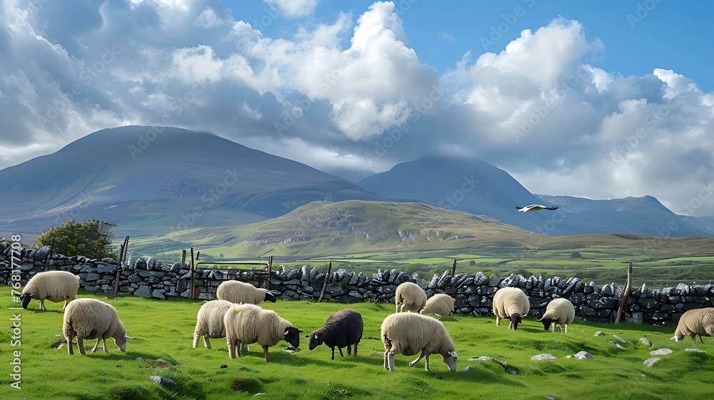 Fototapeta premium Sheep and rams grazing in Connemara mountains, Ireland - Generative AI