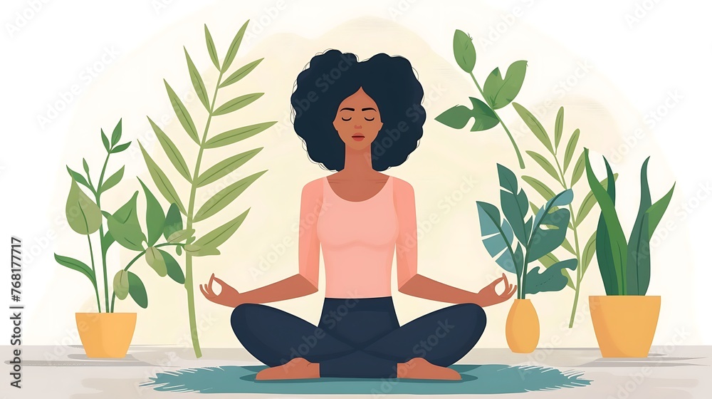 2D illustration of an american african yoga woman in a lotus pose on white background AI generated 2D illustration of an american african yoga woman in a lotus pose on white background AI generated