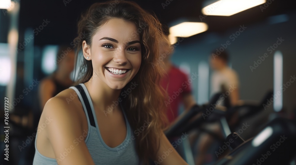attractive caucasian girlfriend happiness time in gym workout on stationary bicycle