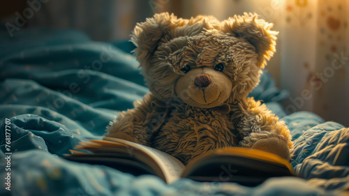 Teddy bear with a book on bed.