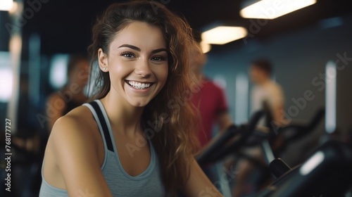 attractive caucasian girlfriend happiness time in gym workout on stationary bicycle